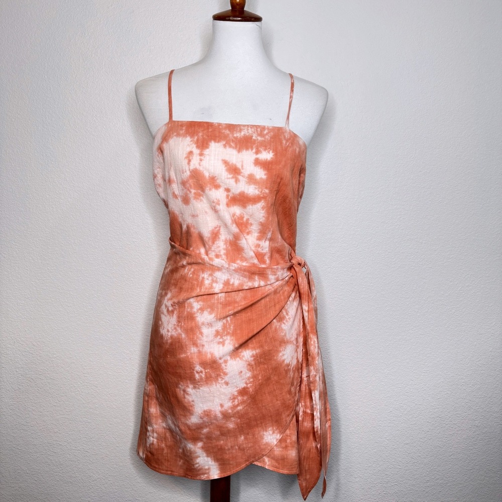 ALTAR'D STATE Linen Cotton Blend Mini Dress Front Wrap MED‎ Tie Dye Melon Beach